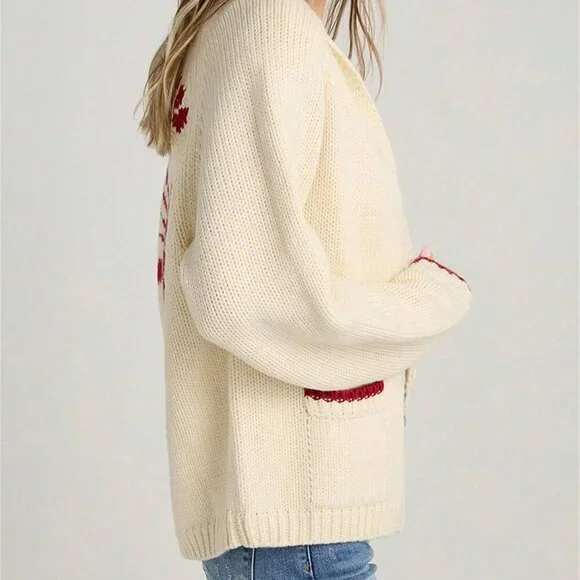 Red Cute Women's Long Sleeve Button Down V Neck Knit Cardigan Sweater - Picture 4 of 4